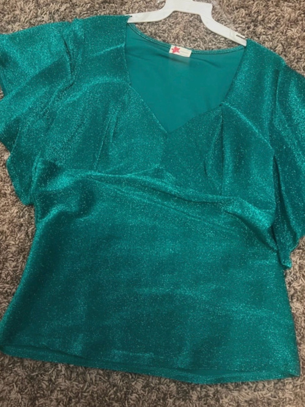 Sparkle Teal V-Neck Short Sleeve Blouse